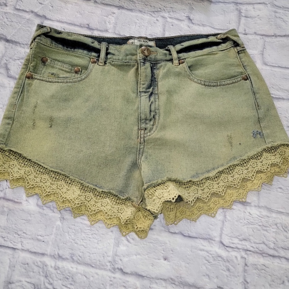 Free People Lace Distressed Denim Shorts